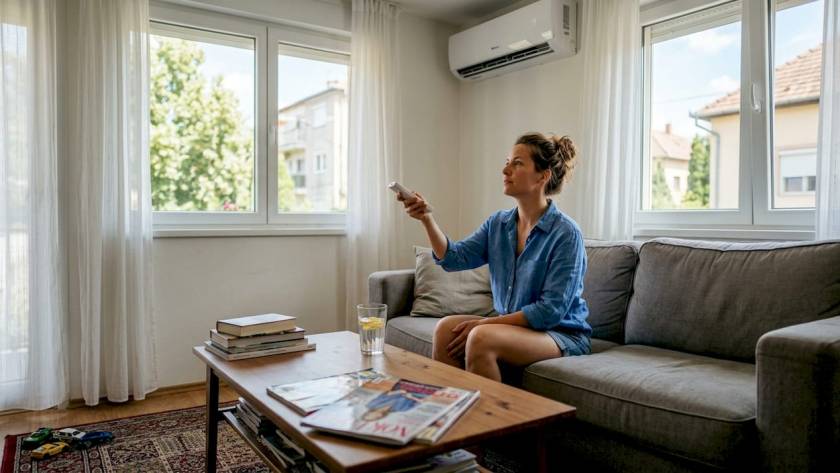Egy nő a nappaliban ül, a kezében egy pohárral, miközben beállítja a légkondit.