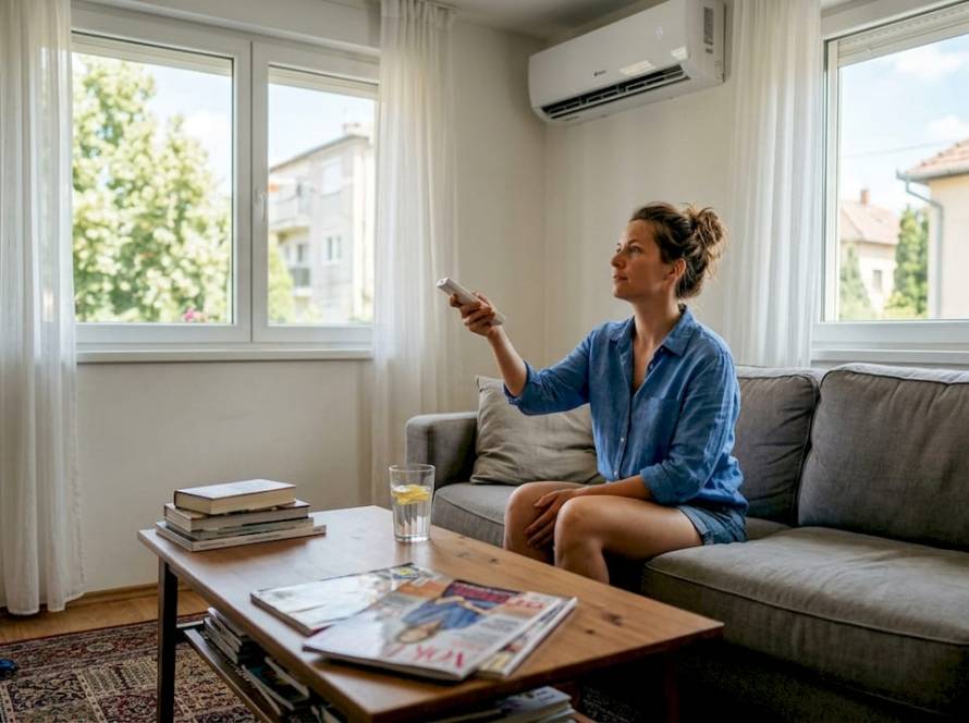 Egy nő a nappaliban ül, a kezében egy pohárral, miközben beállítja a légkondit.