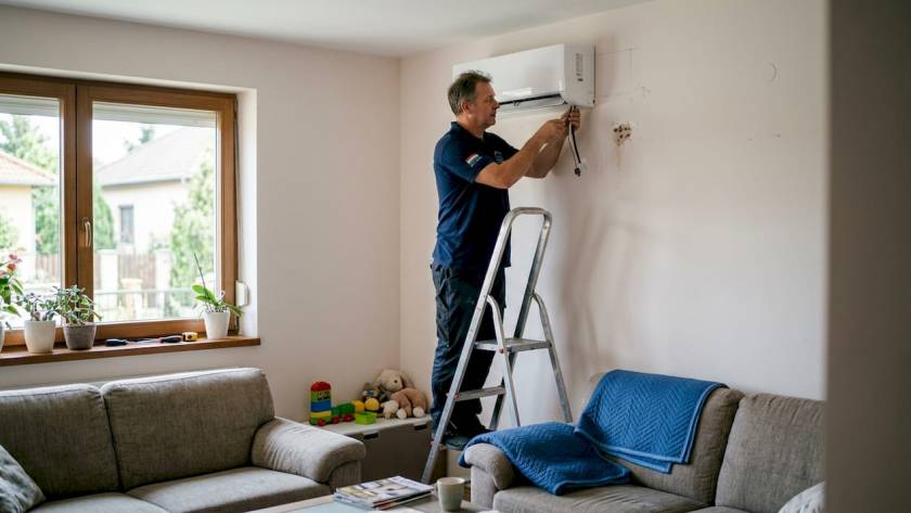 Egy szakember klímát telepít egy családi házban.
