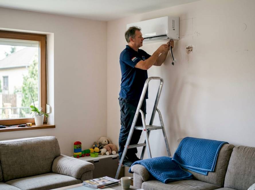 Egy szakember klímát telepít egy családi házban.