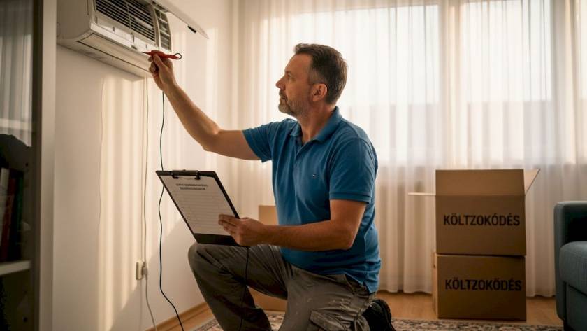 Egy szerelő átvizsgálja a lakásban található légkondicionálót.