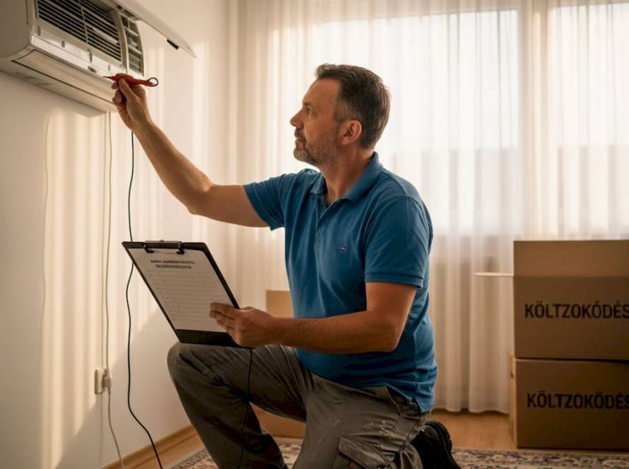 Egy szerelő átvizsgálja a lakásban található légkondicionálót.