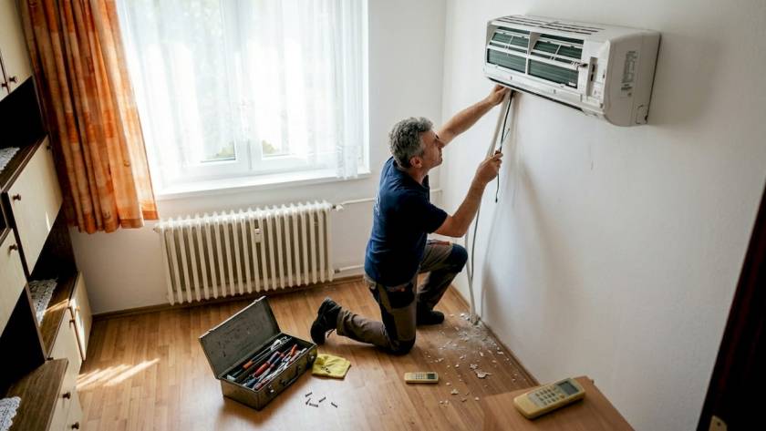 Egy szerelő klímát telepít egy kecskeméti lakásban.