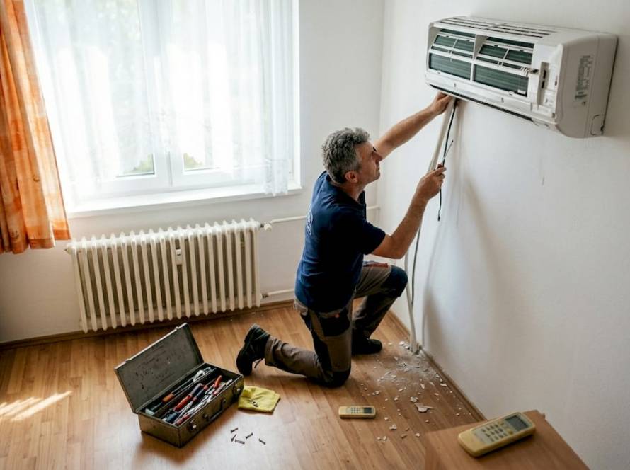 Egy szerelő klímát telepít egy kecskeméti lakásban.