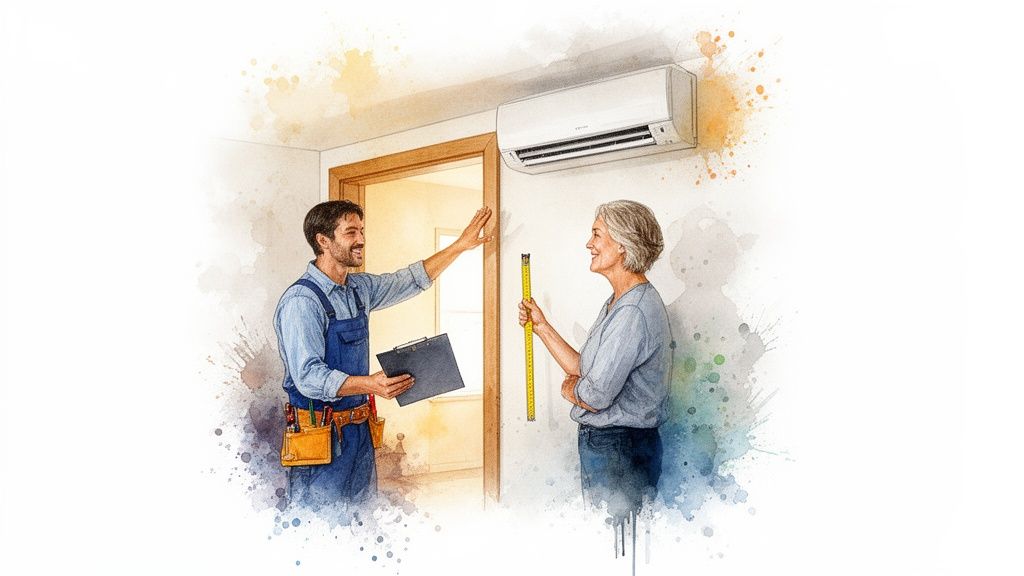 Mosolygó technikus és nő a falra szerelt klímaberendezés mellett, mértékeket ellenőrizve, klíma telepítéshez.