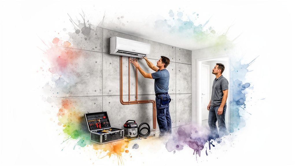 Két férfi klímaberendezést szerel fel egy panellakás betonfalára, rézcsövekkel és szerszámokkal.