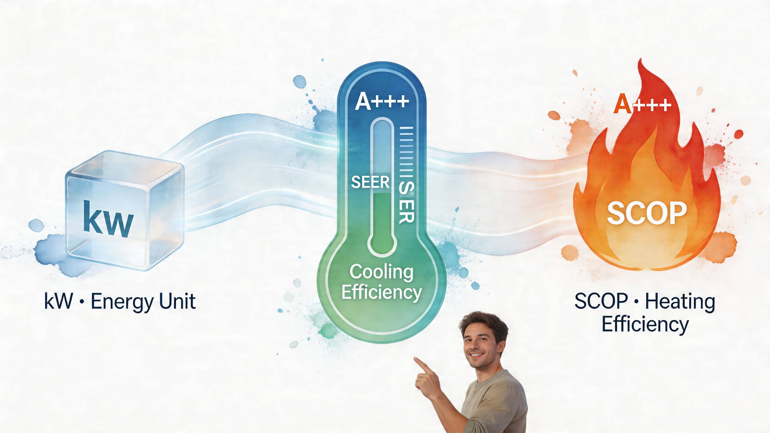 Mosolygó férfi rámutat egy klíma hatékonyságát jelző ábrára, amely a hűtési és fűtési teljesítményt szemlélteti.