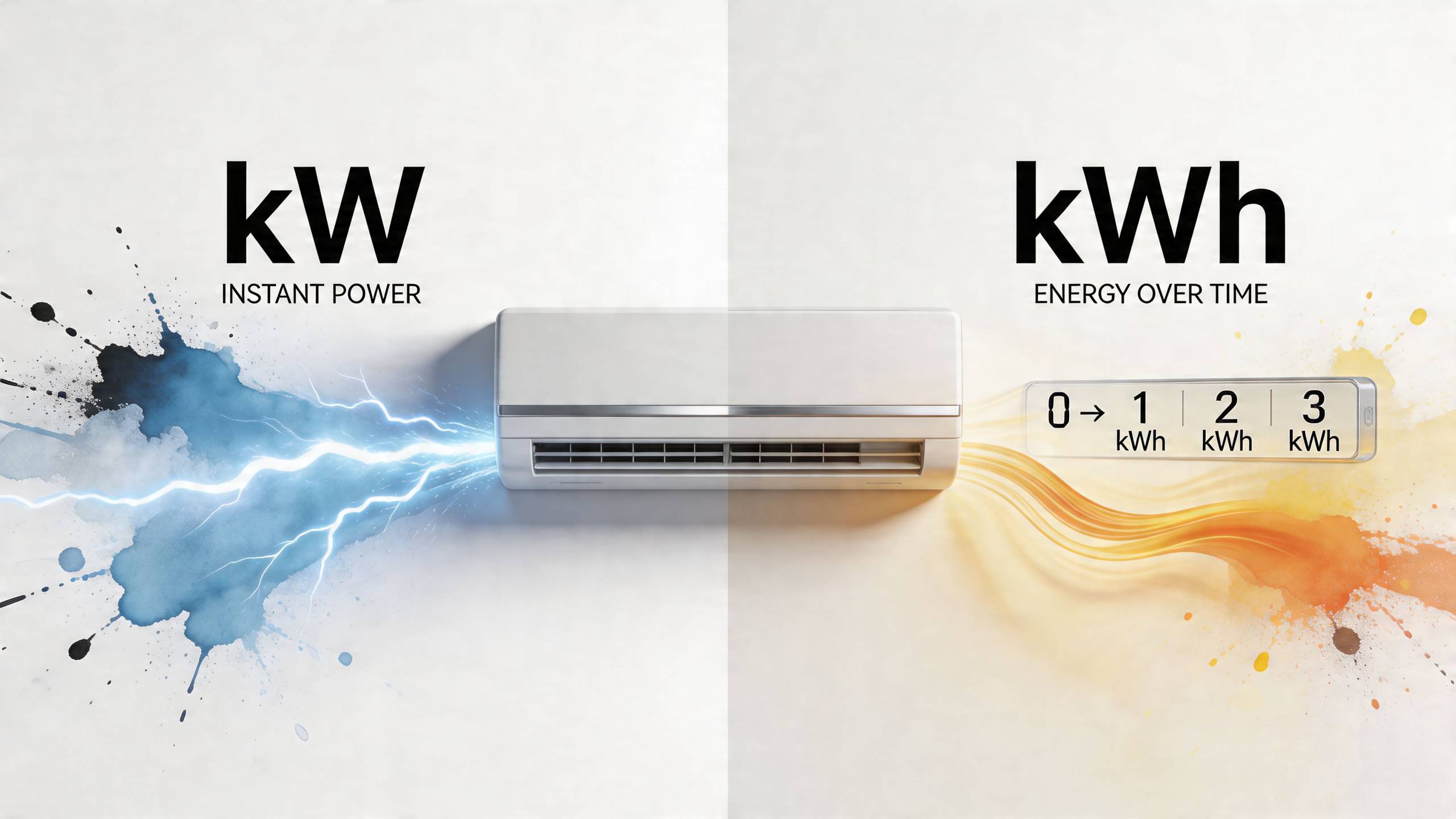 A klímaberendezés szemléltetése a kW teljesítmény és a kWh energiafogyasztás közötti különbségek grafikus magyarázatával fehér háttéren.