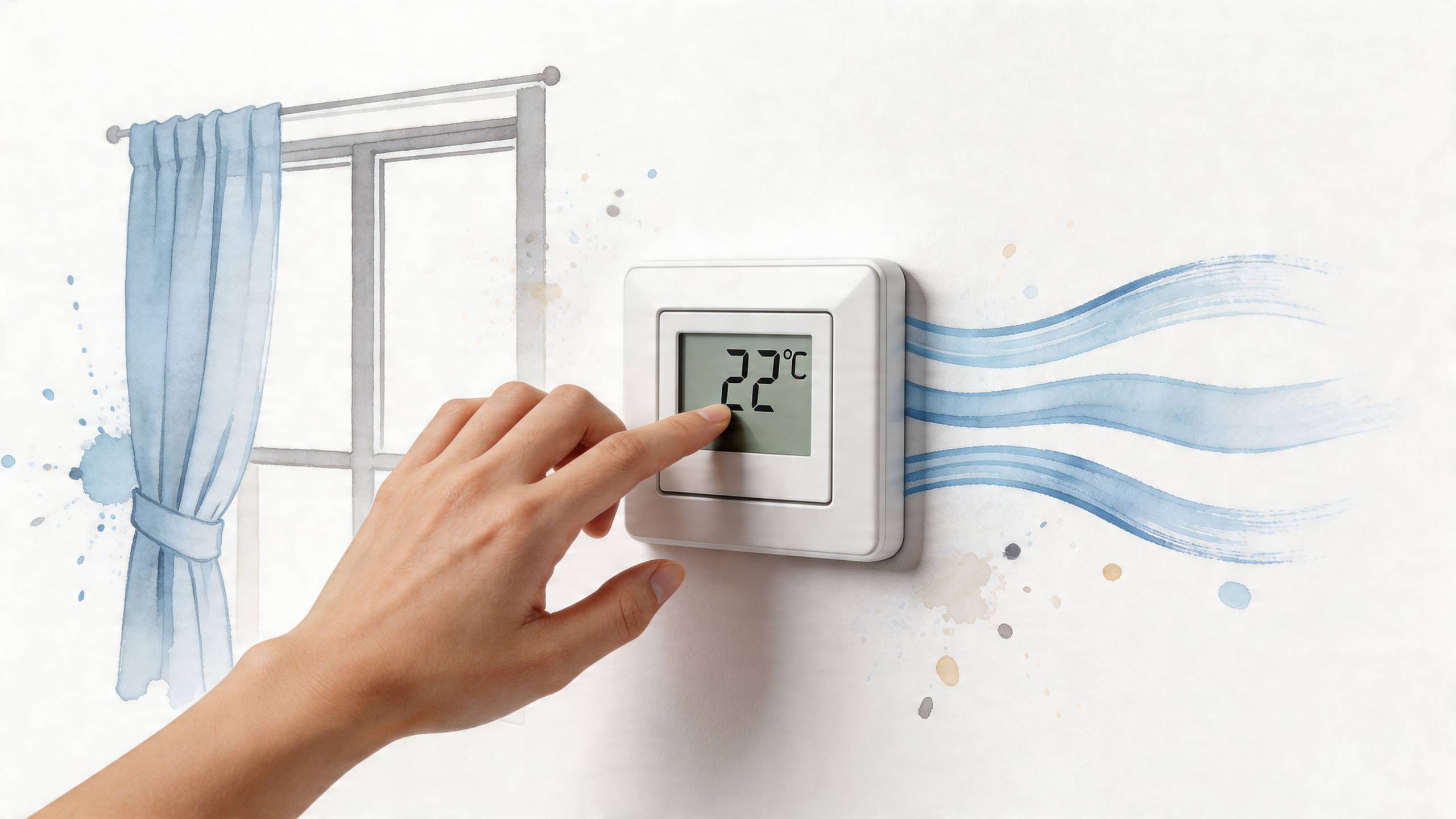 Egy kéz állítja a falra szerelt digitális termosztátot, amely huszonkét fokot mutat egy rajzolt ablak előtt.