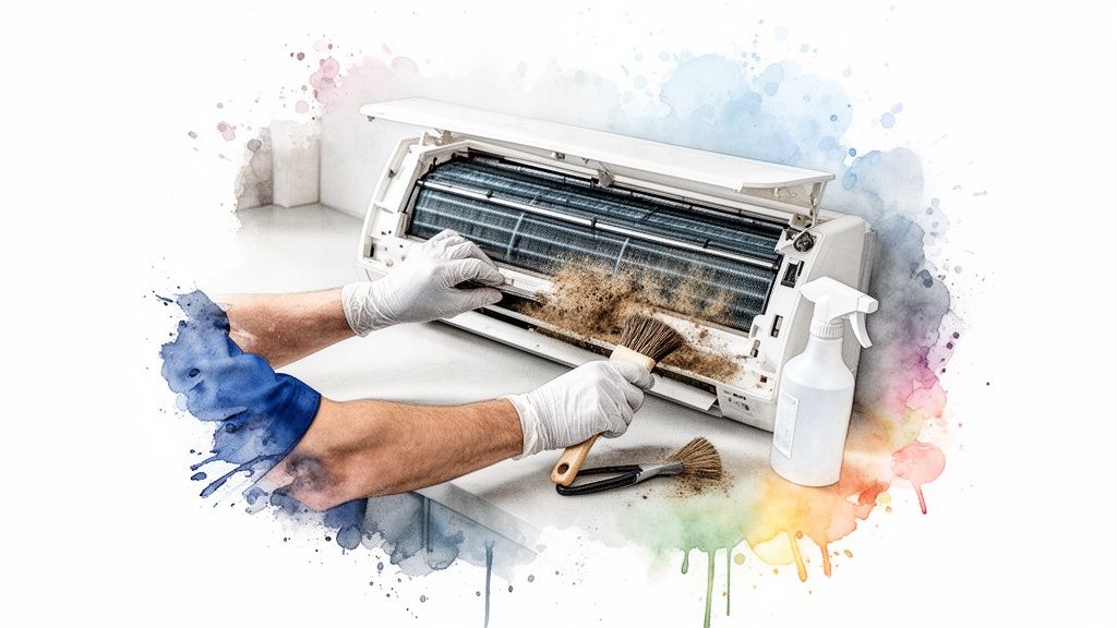 Kesztyűs kezek tisztítanak egy nagyon piszkos, szétnyitott klímaberendezést egy kefével, mellette tisztító spray.