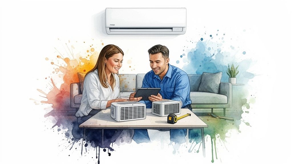 Egy pár ül egy asztalnál légkondicionáló berendezésekkel és egy táblagéppel, klímatelepítésről konzultálva.