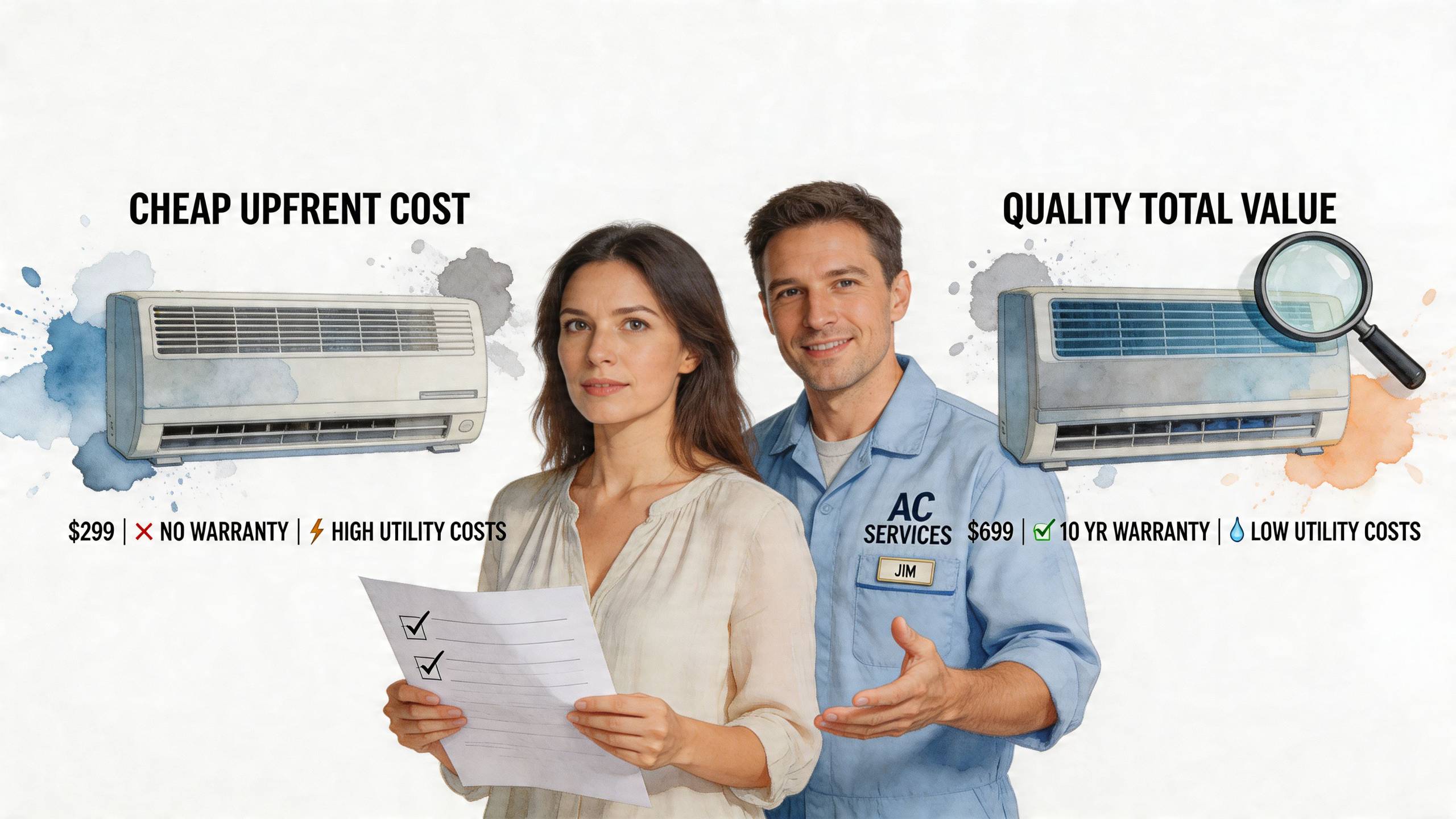 Egy szakember és egy nő választási lehetőséget kínál olcsó és minőségi klímaberendezések között a jobb döntéshez.