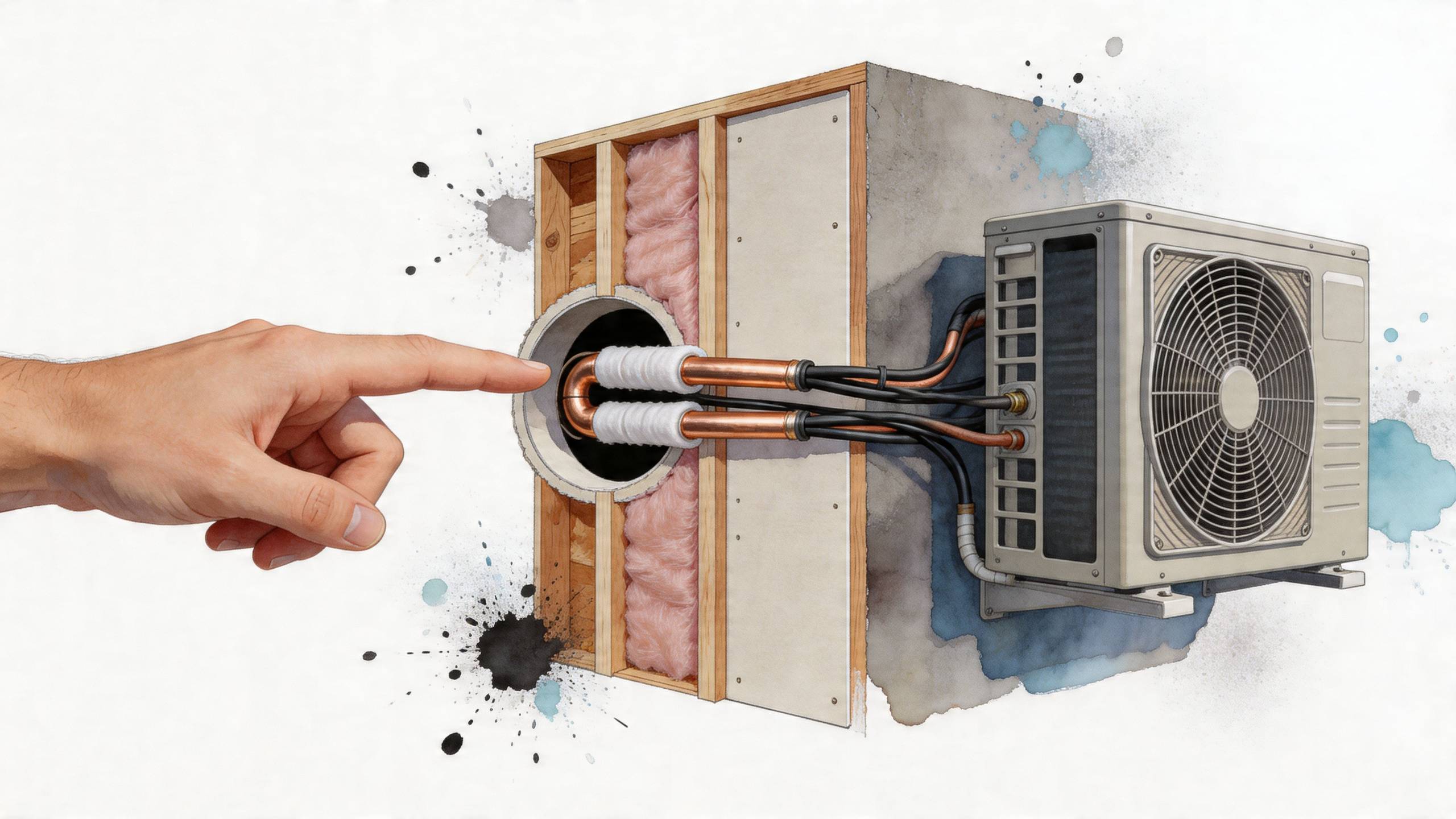 Szerelő keze mutat a falba épített klímaberendezés átvezetett rézcsöveire egy szigetelt falszerkezeti keresztmetszetben.
