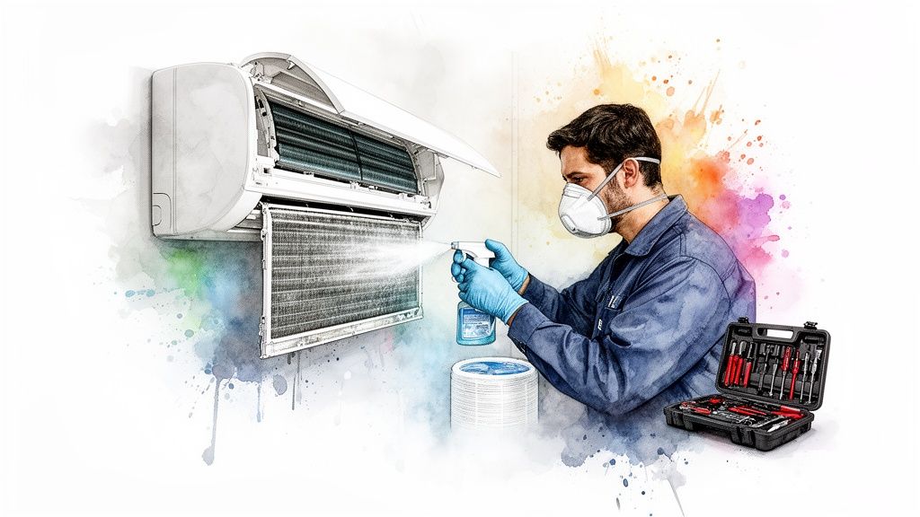 Légkondicionáló tisztítását végző szakember, maszkot és kesztyűt viselve, spray-vel tisztítja a beltéri egységet, eszközökkel a háttérben.