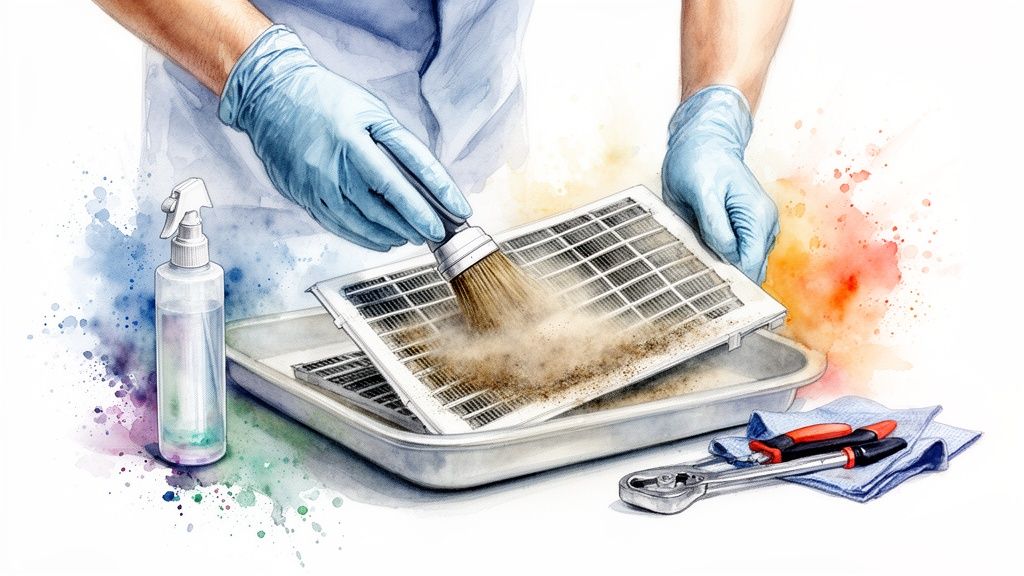 Egy személy kék kesztyűben kefével tisztítja a poros klímaberendezés szűrőjét egy tálca felett.