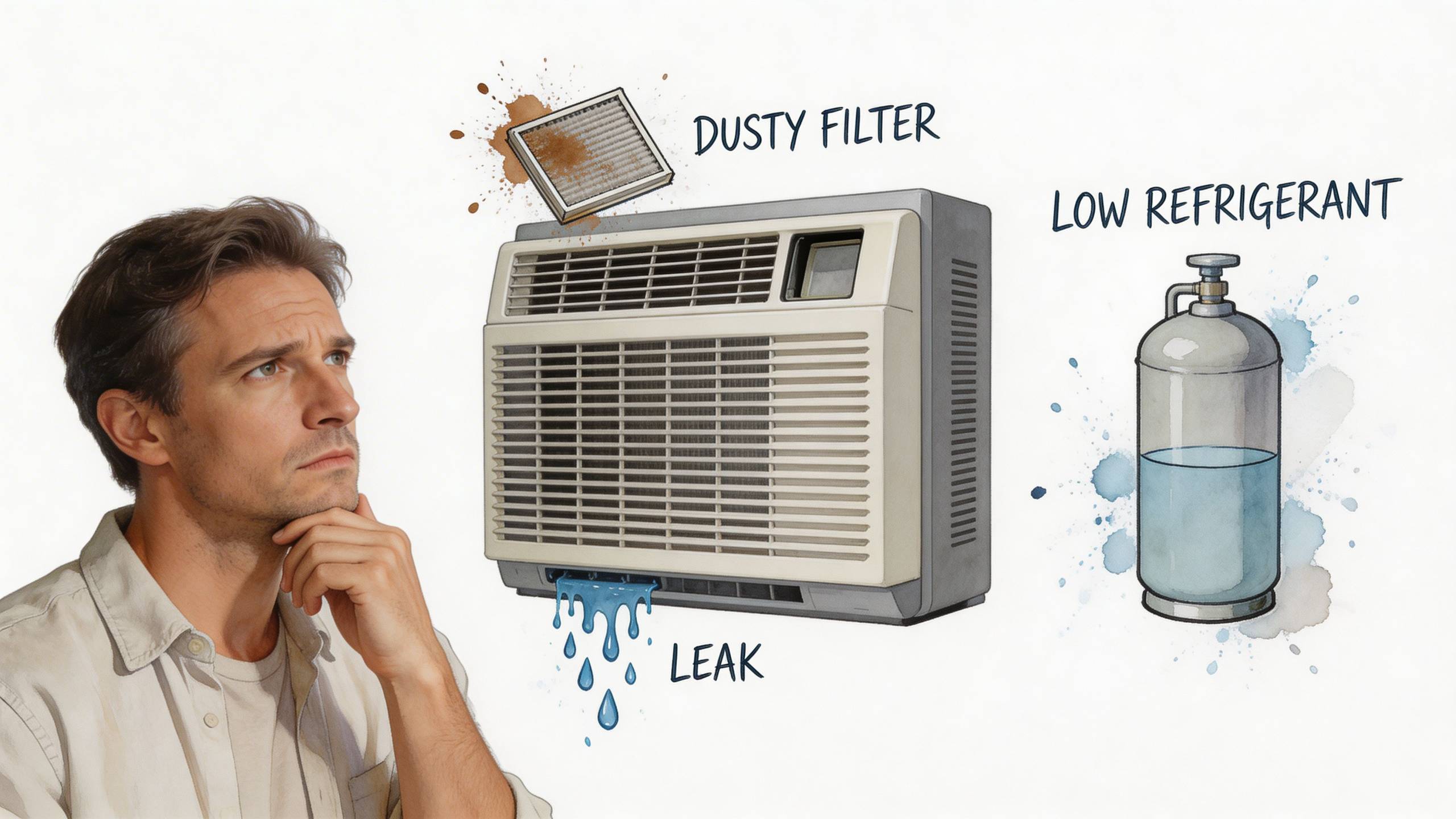 Egy aggódó férfi egy légkondicionálót vizsgál, amelynek gyakori hibái a poros szűrő, a szivárgás és az alacsony hűtőközeg.