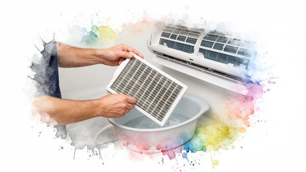 Egy férfi kezei piszkos klímaszűrőt tartanak egy vízzel teli tál fölött, készülve a tisztításra.