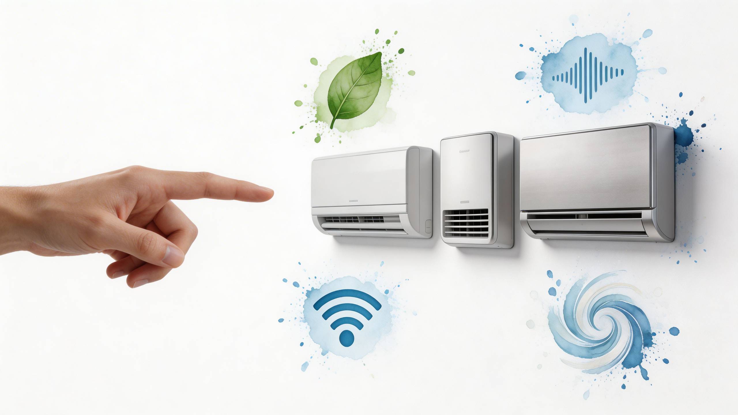 Egy kéz rámutat három modern fali klímaberendezésre, amelyek mellett környezetvédelmi, wifi és technológiai ikonok láthatóak.