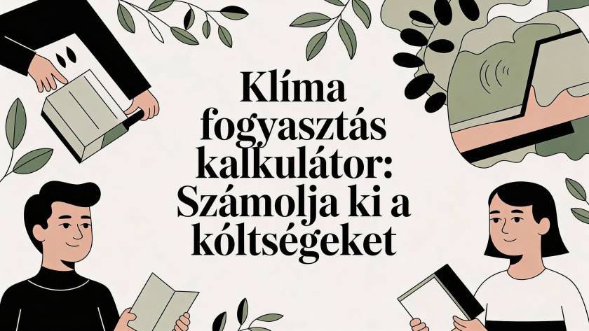 Header banner with the Hungarian headline 'Klíma fogyasztás kalkulátor: Számolja ki a költségeket' and illustrations of people holding books and devices among leafy plants, conveying a budgeting/climate theme.