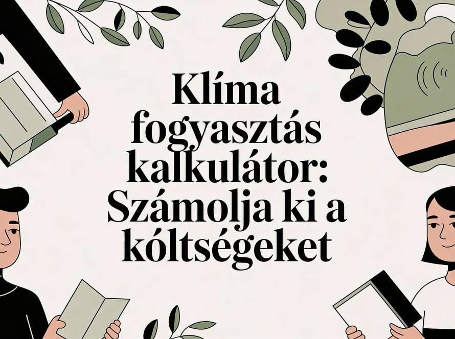 Header banner with the Hungarian headline 'Klíma fogyasztás kalkulátor: Számolja ki a költségeket' and illustrations of people holding books and devices among leafy plants, conveying a budgeting/climate theme.