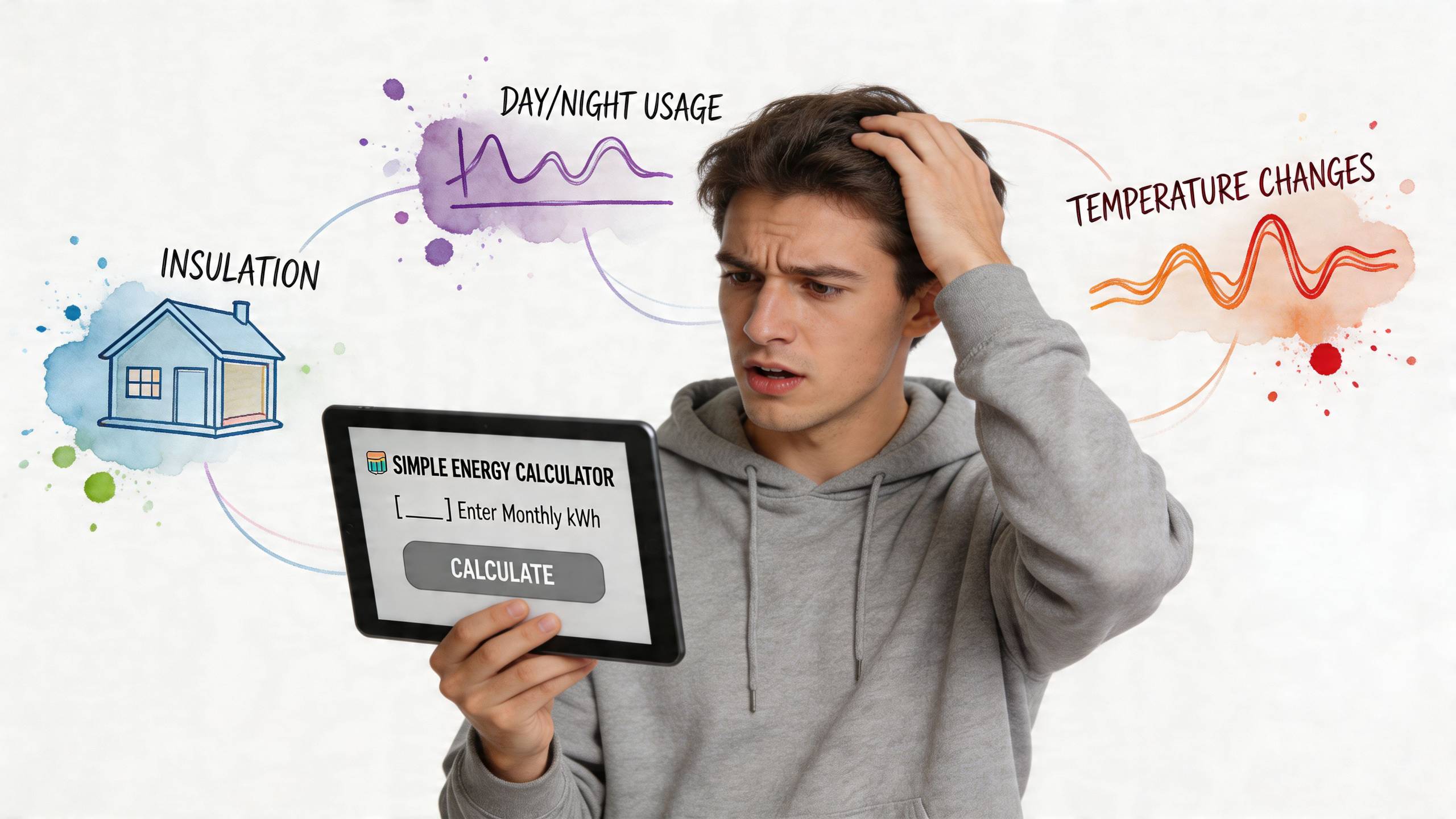 Egy fiatal férfi aggódva nézi a táblagépét, miközben az otthoni energiafelhasználás és a hőmérséklet-változások kihívásain gondolkodik.