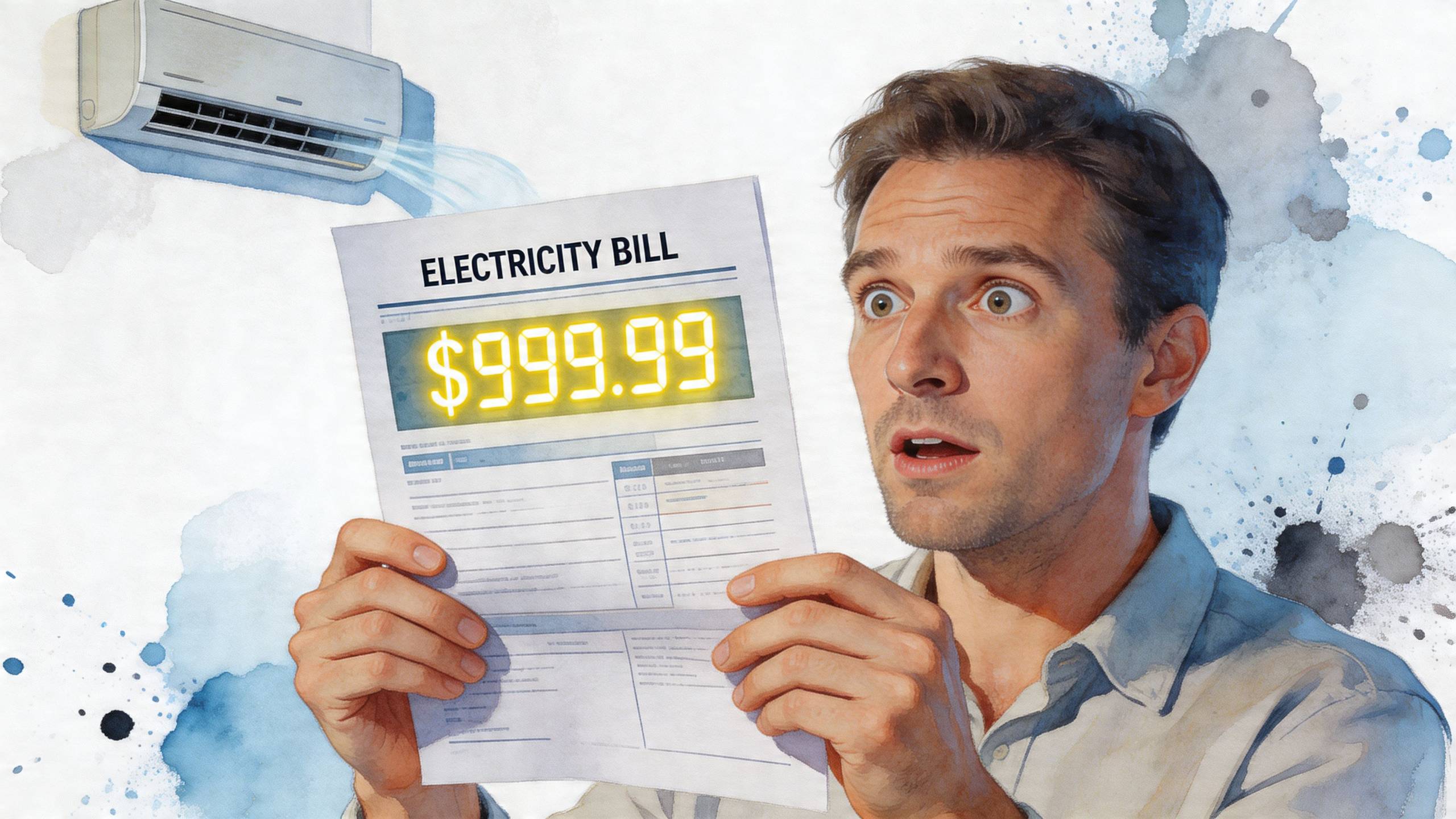 Egy megdöbbent férfi magas áramszámlát tart a kezében, miközben a háttérben egy légkondicionáló berendezés működik.
