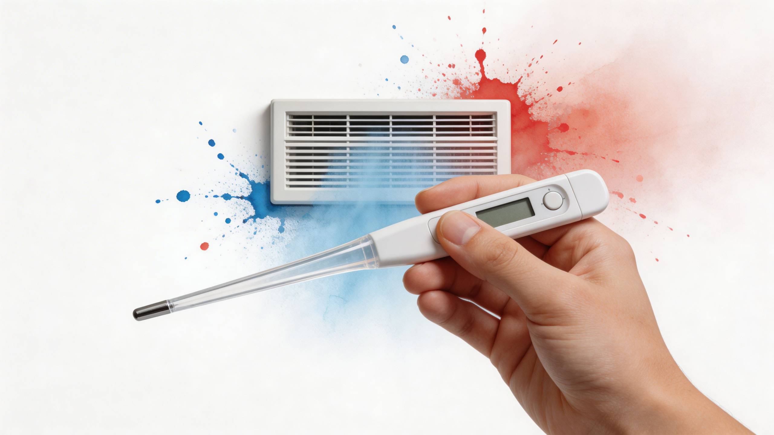 Egy emberi kéz digitális hőmérőt tart egy fali szellőzőrács előtt, amely hűtést és fűtést jelképez.