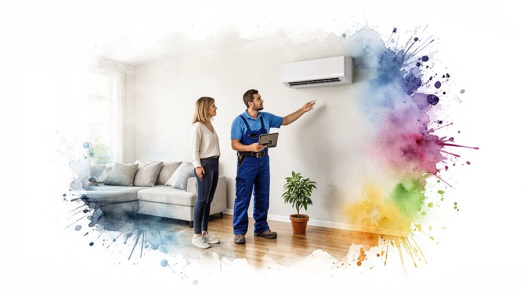 Egy klímaszerelő magyarázza a légkondicionáló működését egy nőnek modern nappaliban, akvarell effektussal.