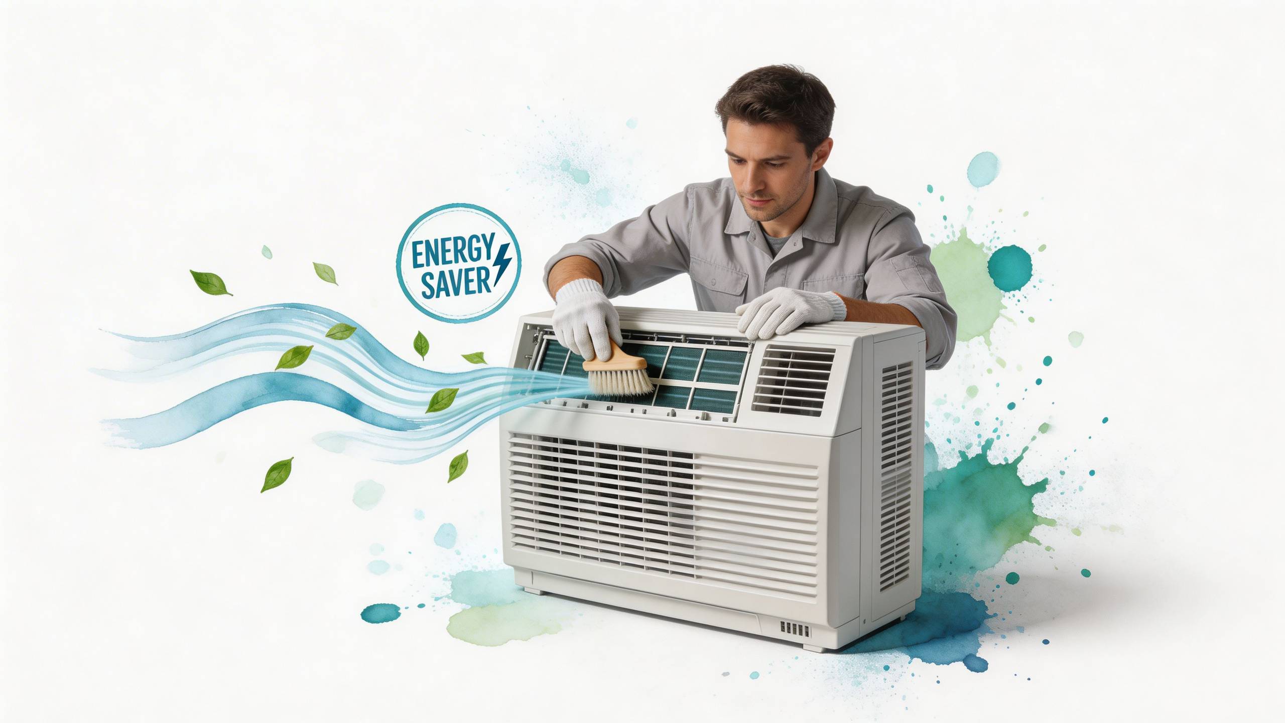 Szakember éppen tisztítja az ablakklímát, ami mellett energiahatékony hűtést jelképező zöld levelek és kék vízcseppek láthatóak.