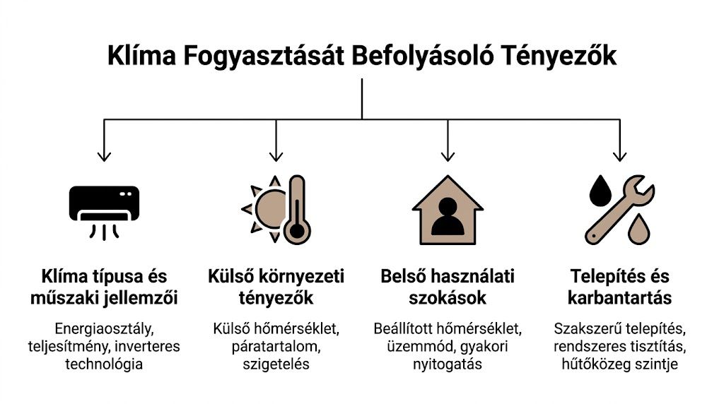 Infografika a klíma energiafogyasztását befolyásoló legfontosabb technikai, környezeti, használati és karbantartási tényezőkről