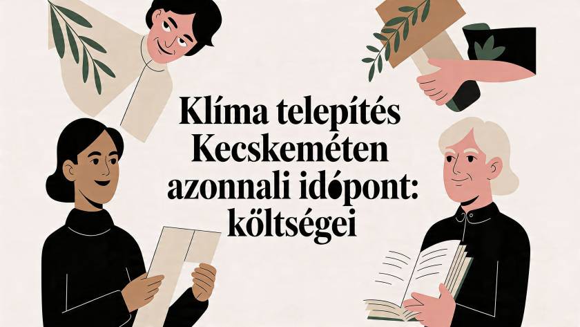 Illustration of four people around a central Hungarian headline about immediate climate installation in Kecskemét and costs, with plants and papers as props.