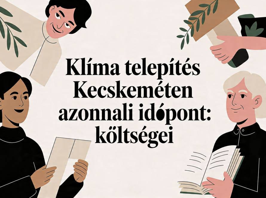 Illustration of four people around a central Hungarian headline about immediate climate installation in Kecskemét and costs, with plants and papers as props.