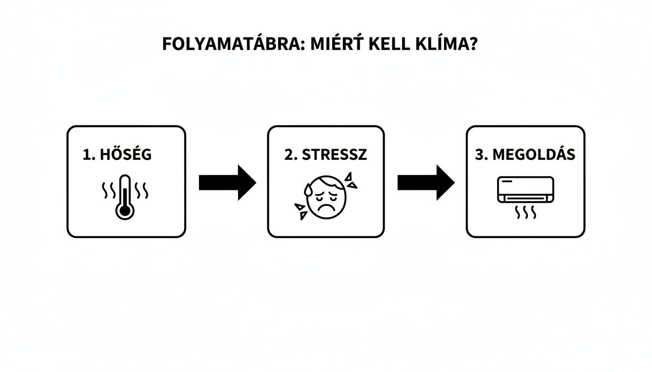 Folyó ábra, mely a hőségből fakadó stressz ok-okozati láncolatát mutatja be, a klíma pedig a megoldás.