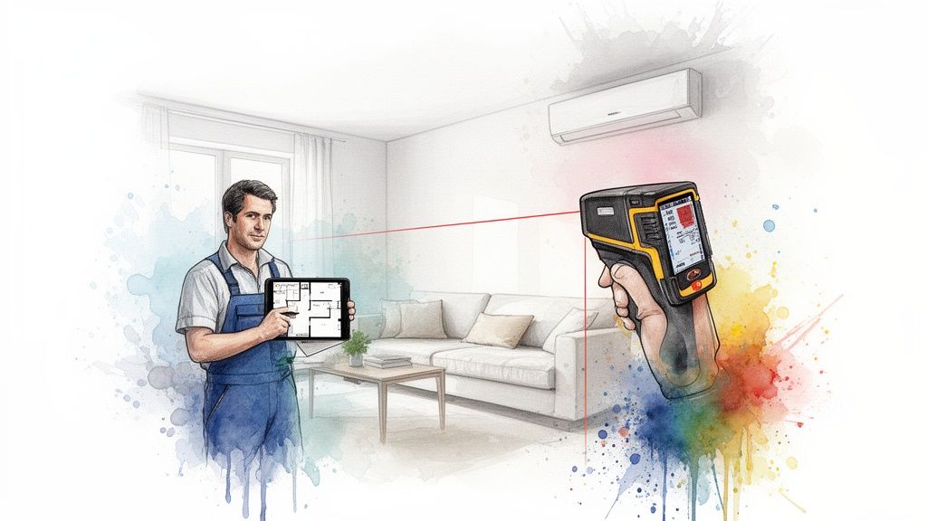 Szerelő felméri a klíma telepítését: táblagépen alaprajzot, hőkamerával a falat vizsgálja.
