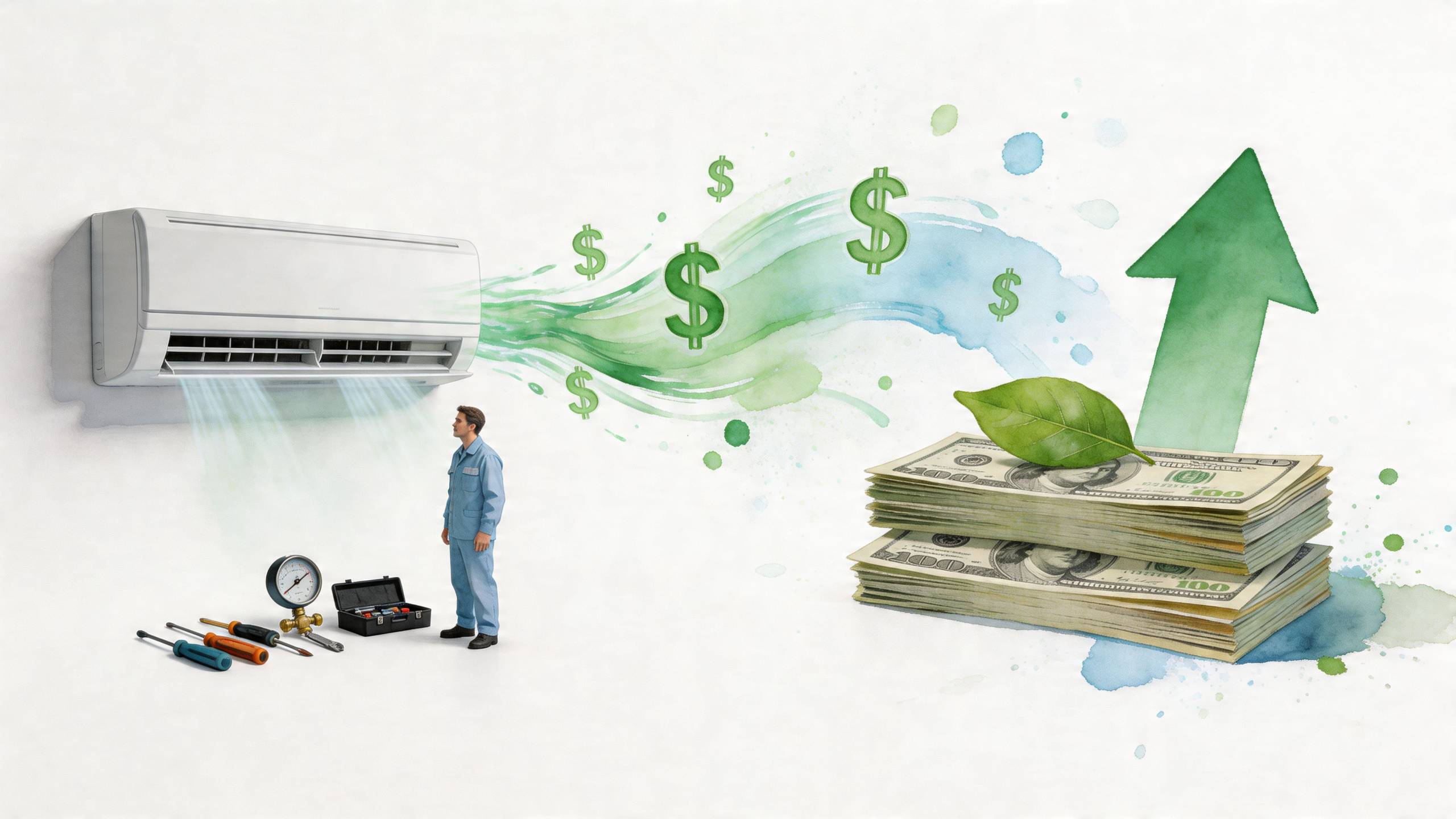 Egy szerelő áll a klímaberendezés mellett, miközben a pénz megtakarítást ábrázoló grafika növekedést mutat a képen.