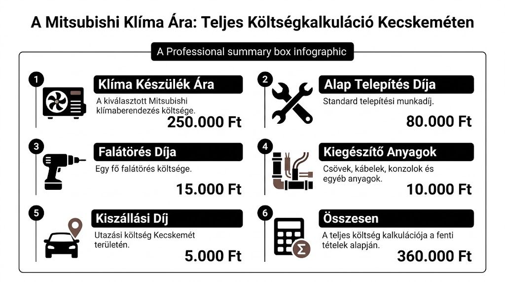 A Mitsubishi klíma telepítésének teljes költsége Kecskeméten, részletezve az árakat a készüléktől a munkadíjakig.