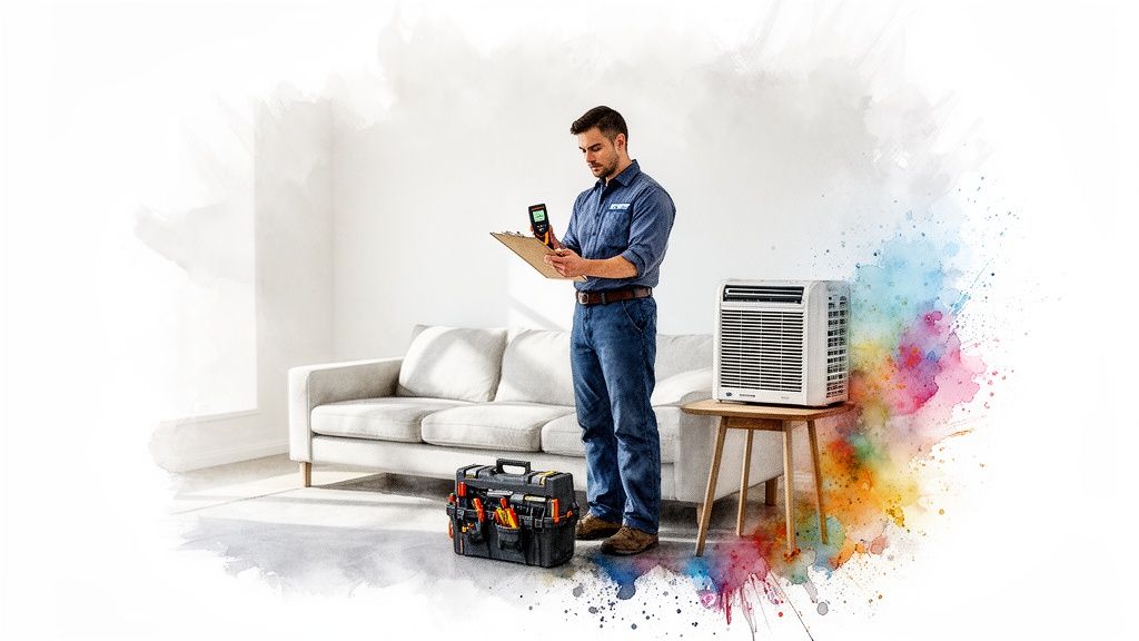 Egy klímaszerelő műszerrel és jegyzettömbbel ellenőriz egy klímát egy modern, festett falú szobában.