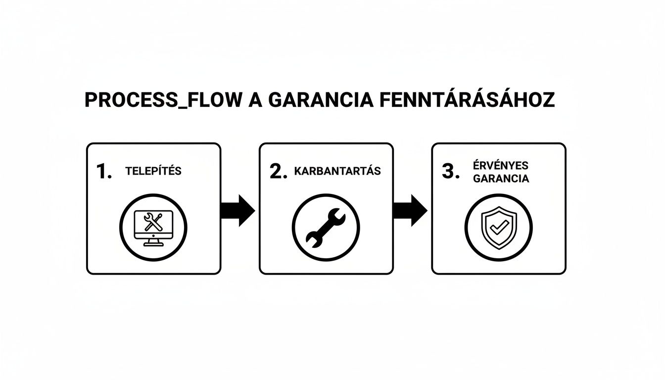 Folyamatábra a garancia fenntartásához: telepítés, karbantartás és érvényes garancia lépéseit illusztrálja.