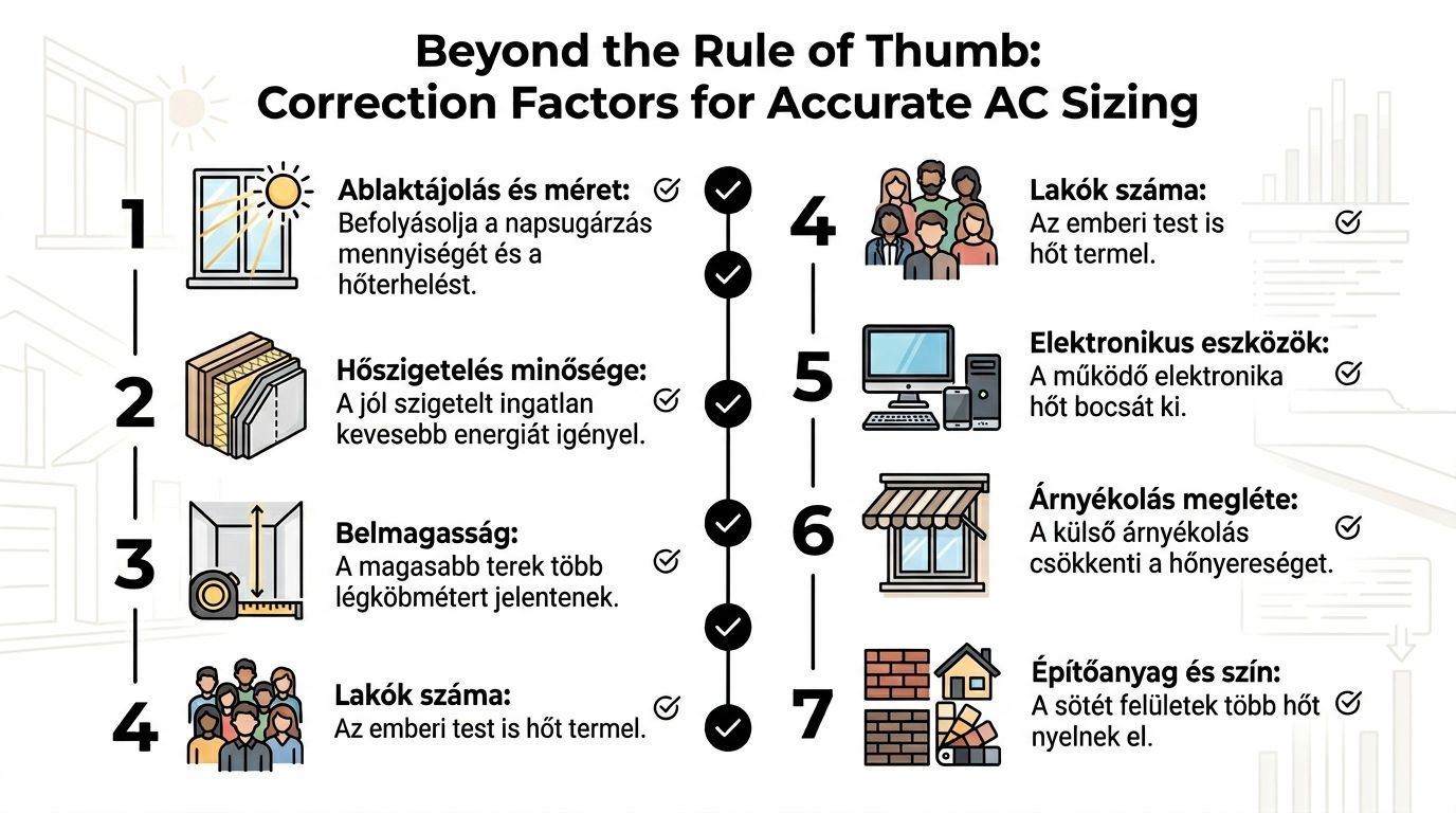 Infografika, amely bemutatja a légkondicionáló méretezését befolyásoló hét fontos tényezőt a lakóingatlanok energiahatékonyságának optimalizálásához.