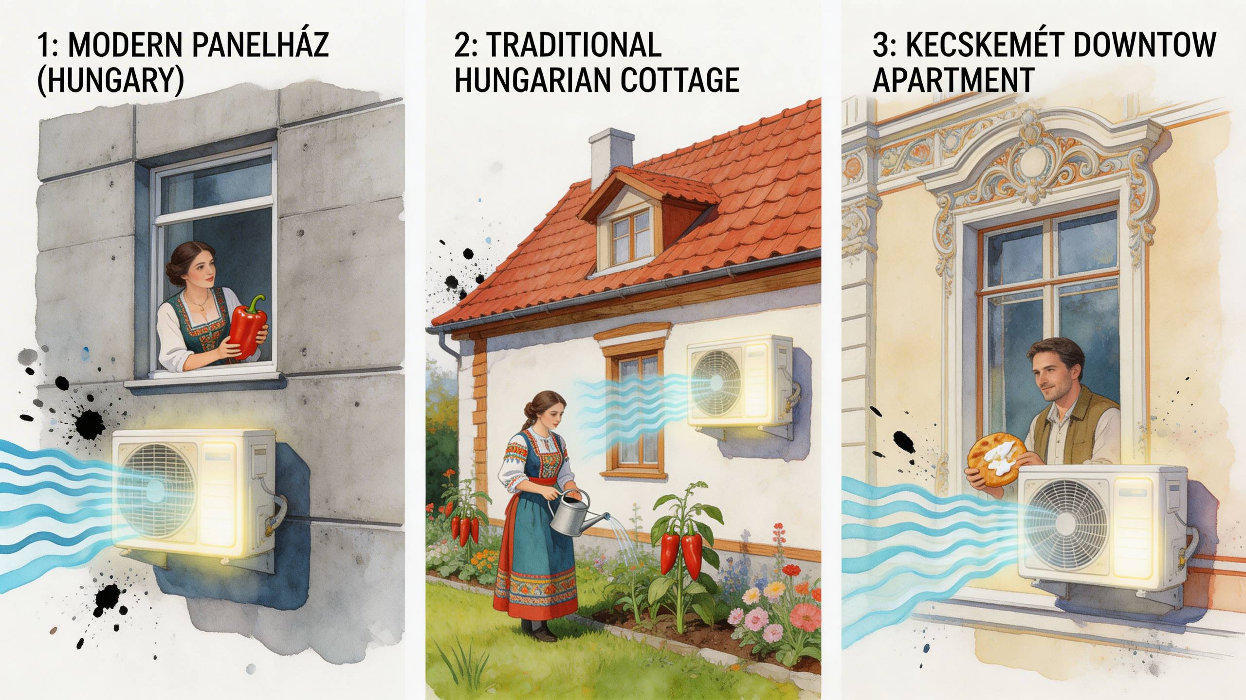 Három különböző típusú magyar épület látható, mindegyiken légkondicionáló berendezés található, miközben az emberek étellel vagy kertészkedéssel foglalkoznak.