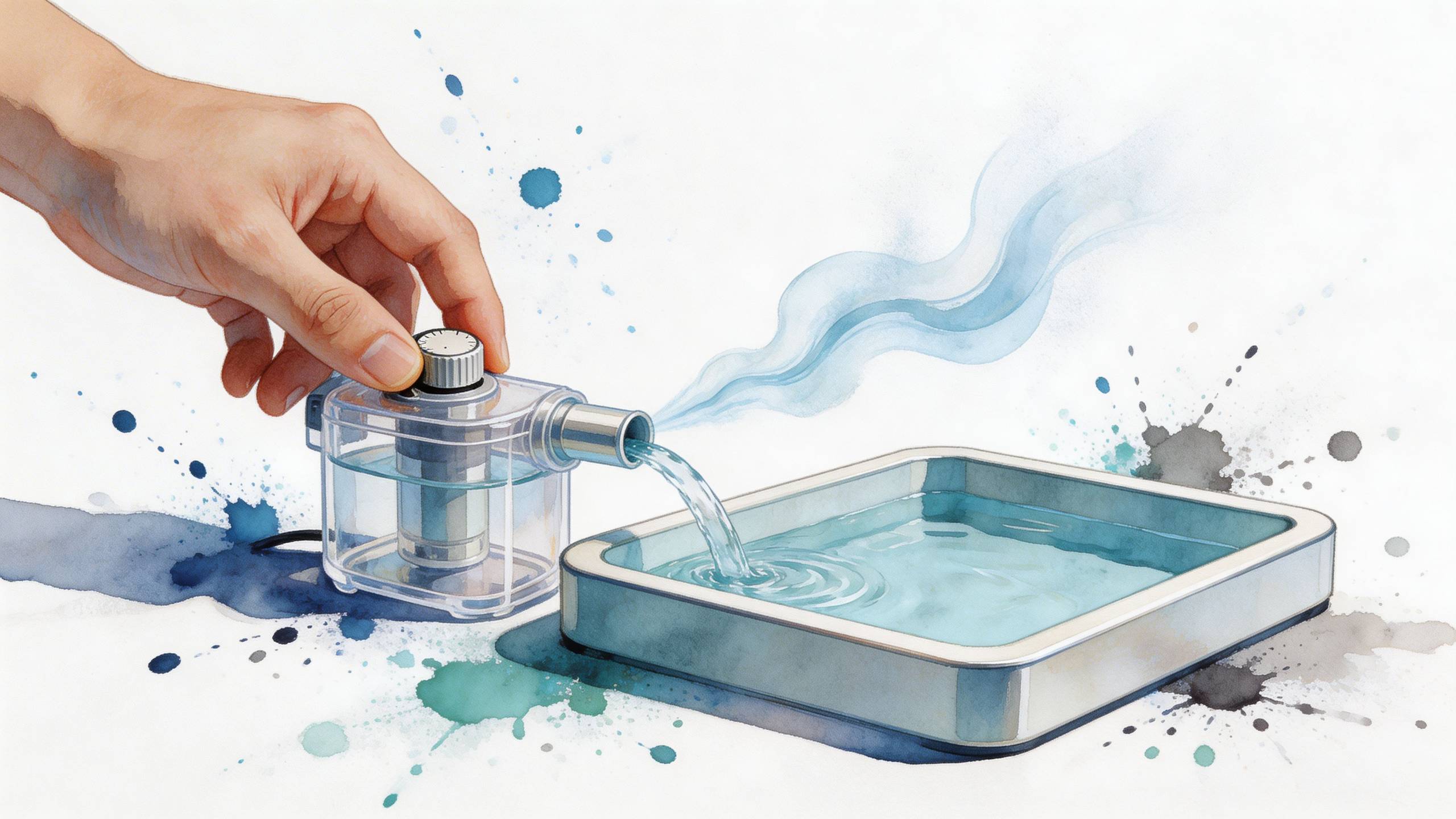 Egy kéz szabályoz egy kis hordozható párásító készüléket, amely vizet permetez egy közeli vízzel teli tálkába.