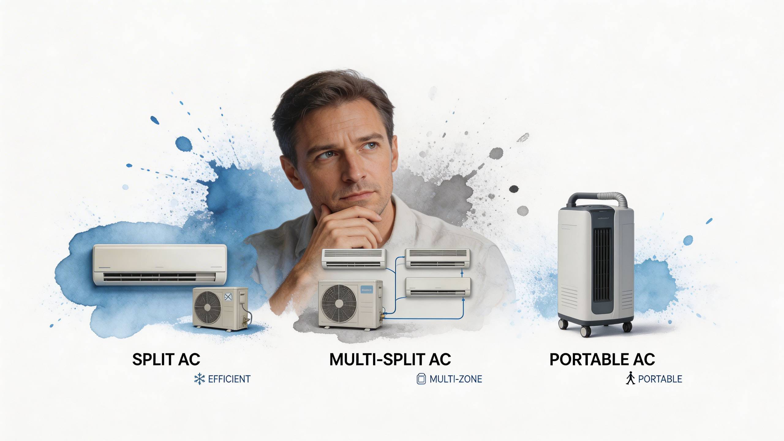 Egy gondolkodó férfi különböző típusú légkondicionáló berendezéseket vizsgál, mint például a split, multi-split és hordozható klímákat.