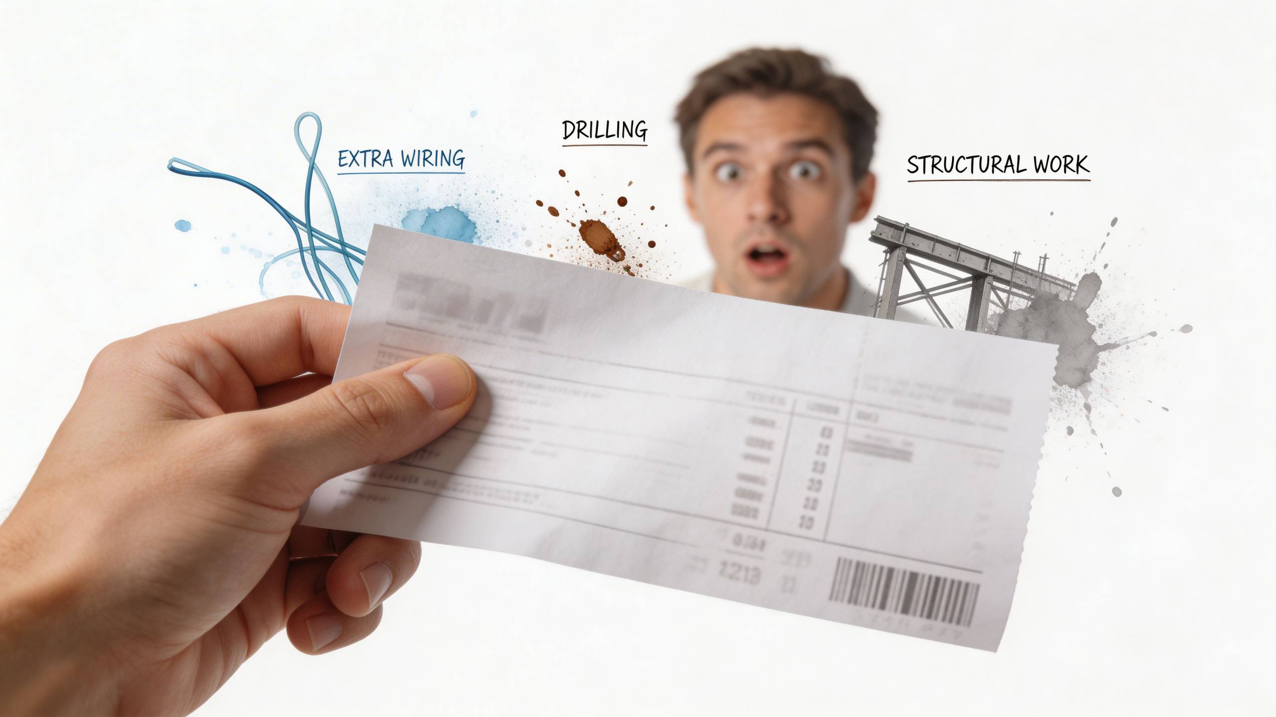 Egy megdöbbent férfi egy számlát néz, amelyen váratlan építkezési költségek, például vezetékezés és szerkezeti munka szerepelnek.