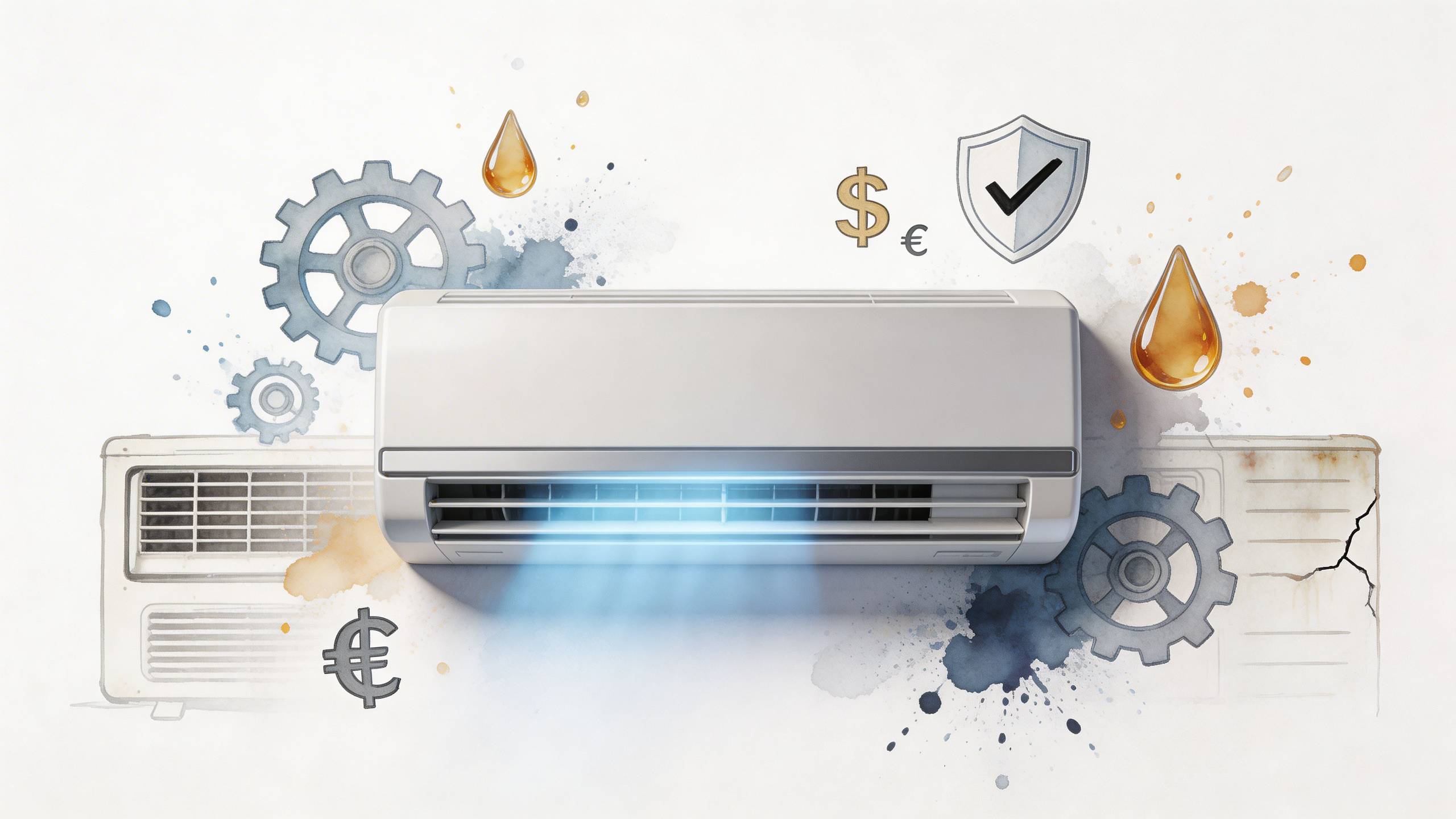 Modern fali klíma berendezés illusztrációja fogaskerekekkel, olajcseppekkel és pénzügyi szimbólumokkal, professzionális karbantartást és energiatakarékosságot sugallva.