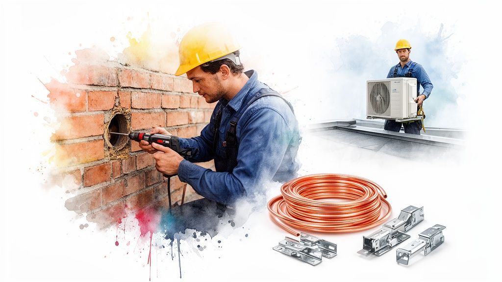 Két klímaszerelő: az egyik falat fúr, a másik klímát visz a tetőn, rézcsövekkel és tartókkal.