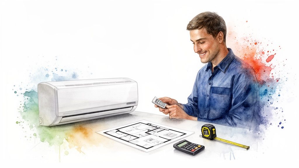 Férfi klímát állít be távirányítóval, mellette alaprajz, számológép és mérőszalag.