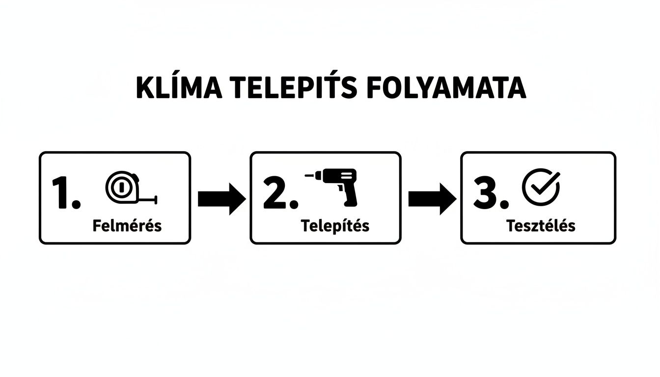 A klímatelepítés 3 lépcsős folyamatát mutatja be: felmérés, telepítés és tesztelés ikonokkal és feliratokkal.