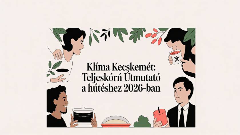 Illustration of people holding cups and drinks around a central Hungarian headline about a 2026 cooling guide, decorative leaves above.