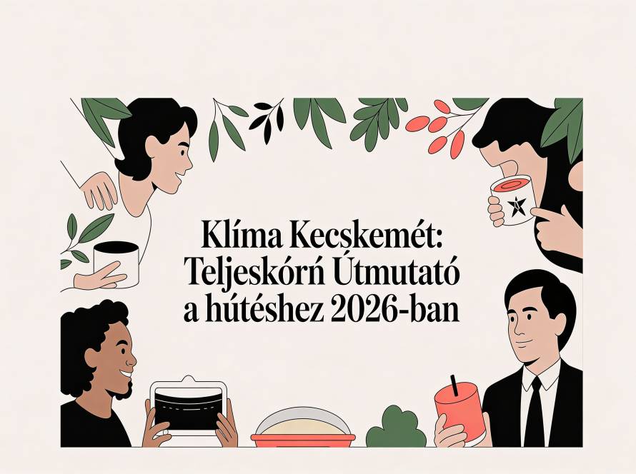 Illustration of people holding cups and drinks around a central Hungarian headline about a 2026 cooling guide, decorative leaves above.