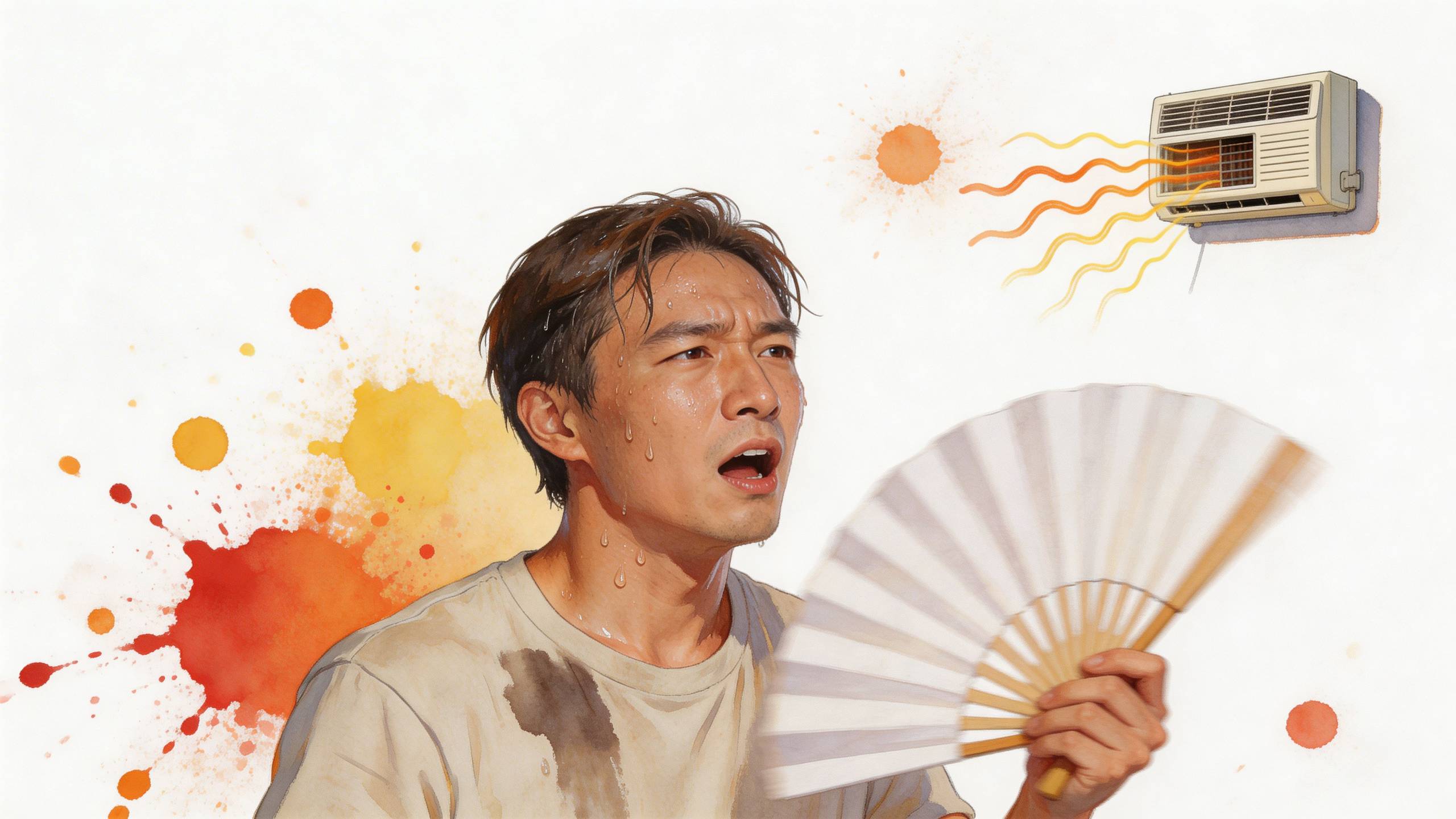 Egy izzadt férfi egy kézi legyezővel hűsíti magát, miközben a háttérben egy rosszul működő klímaberendezés látható.